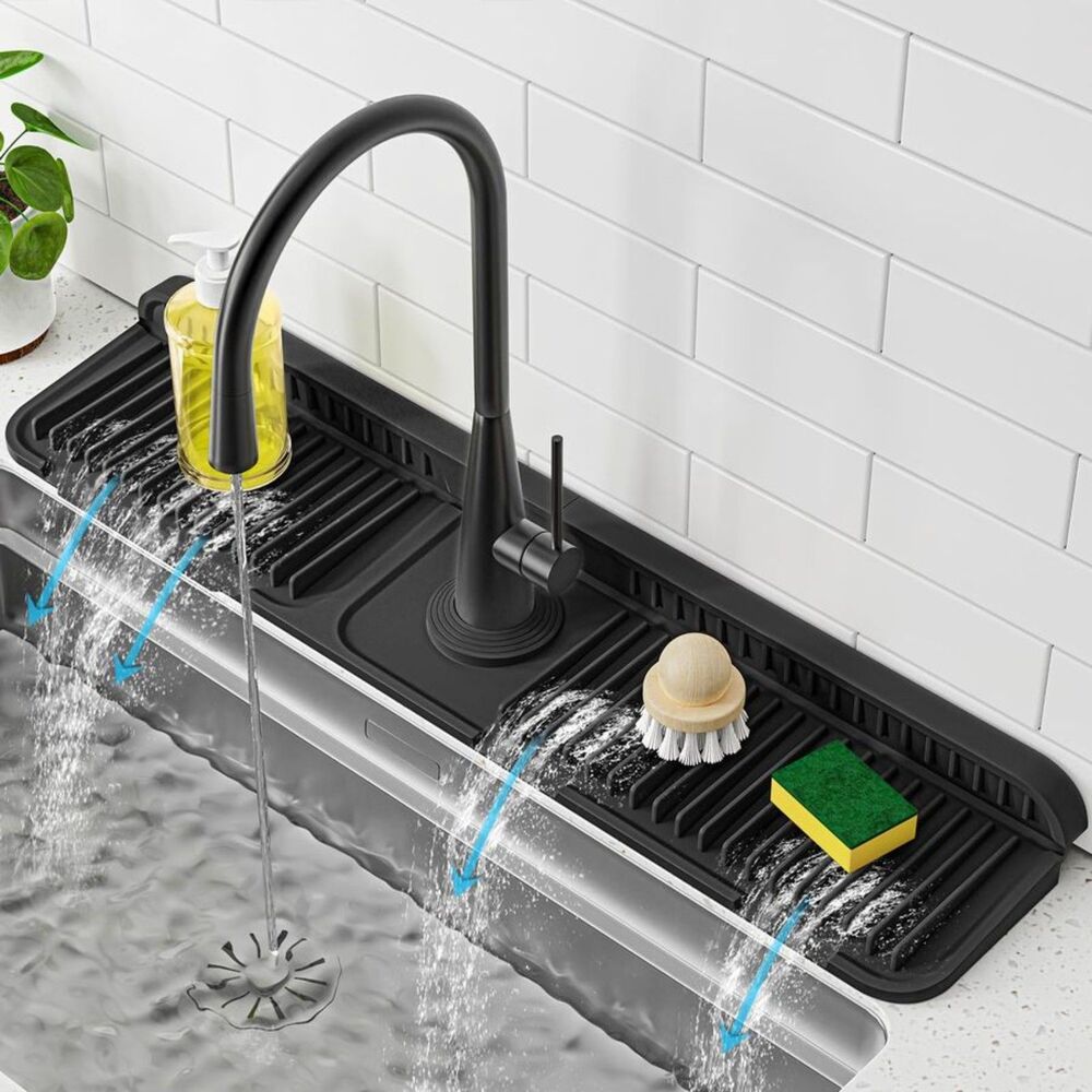 PoYang 24 Inch Silicone Faucet Mat Kitchen Sink Splash Guard 7 Slope Snap Black